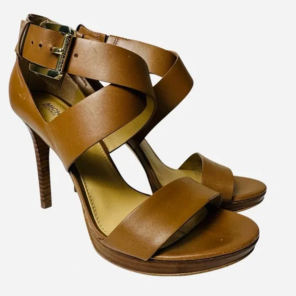 Michael Kors Brown Leather Strappy Stiletto Heels gold hardware - Picture 2 of 16